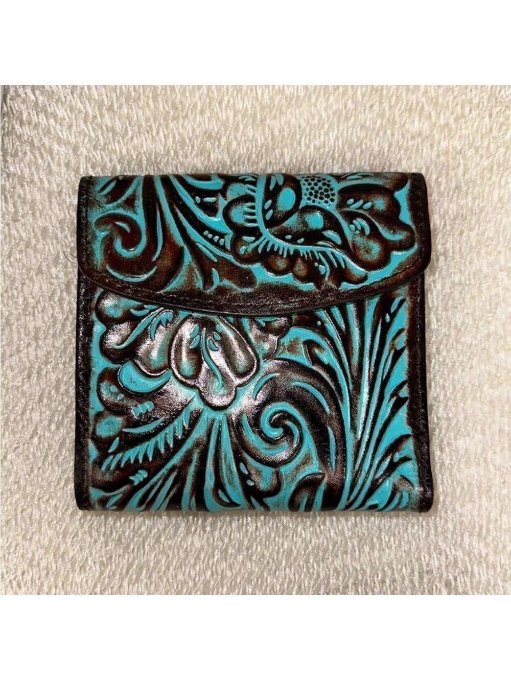 Patricia Nash Reiti RFID Tooled Floral Turquoise Brown Leather Folded Wallet